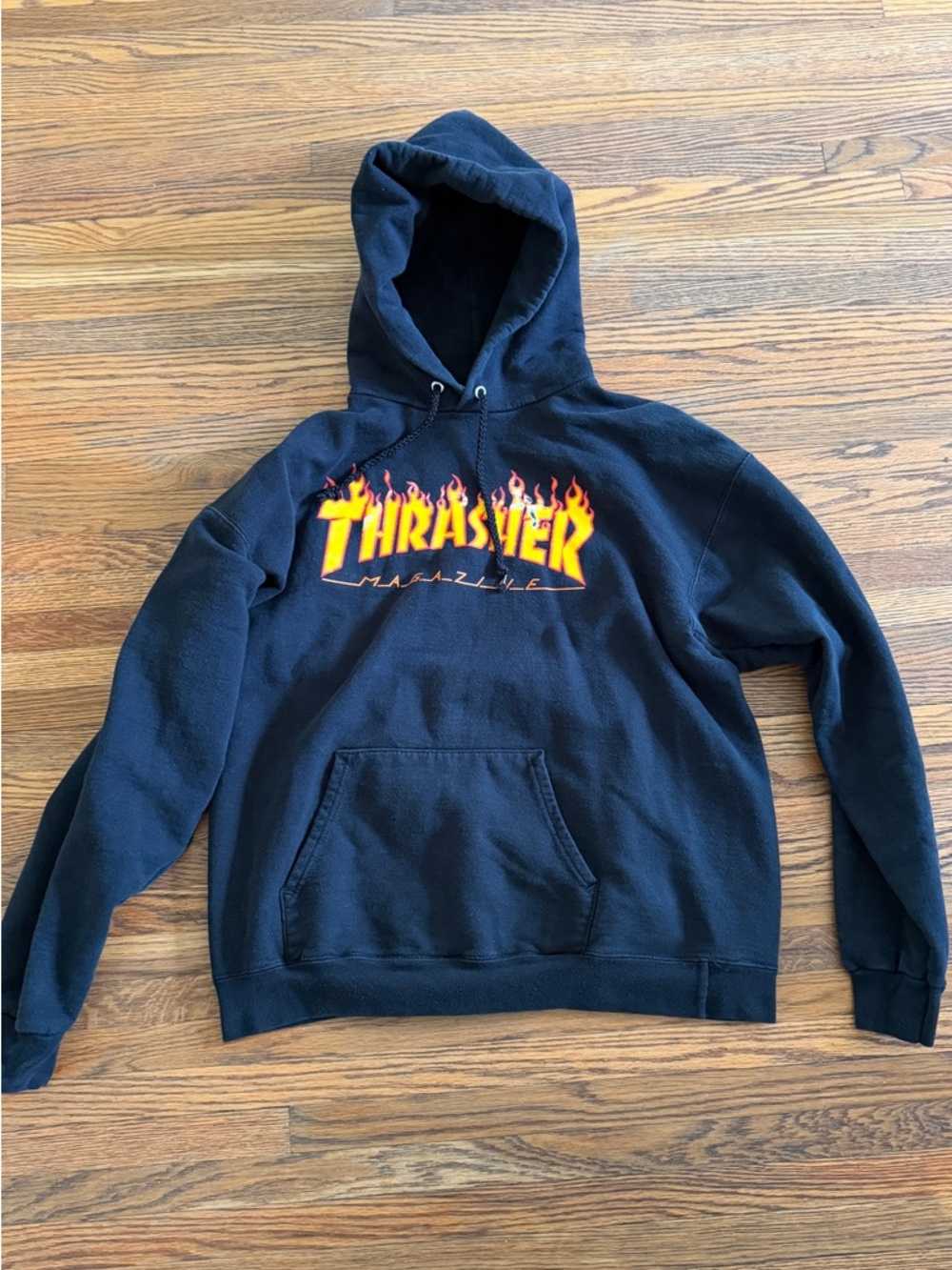 Thrasher Black Hoodie with Yellow and Orange Flame Logo